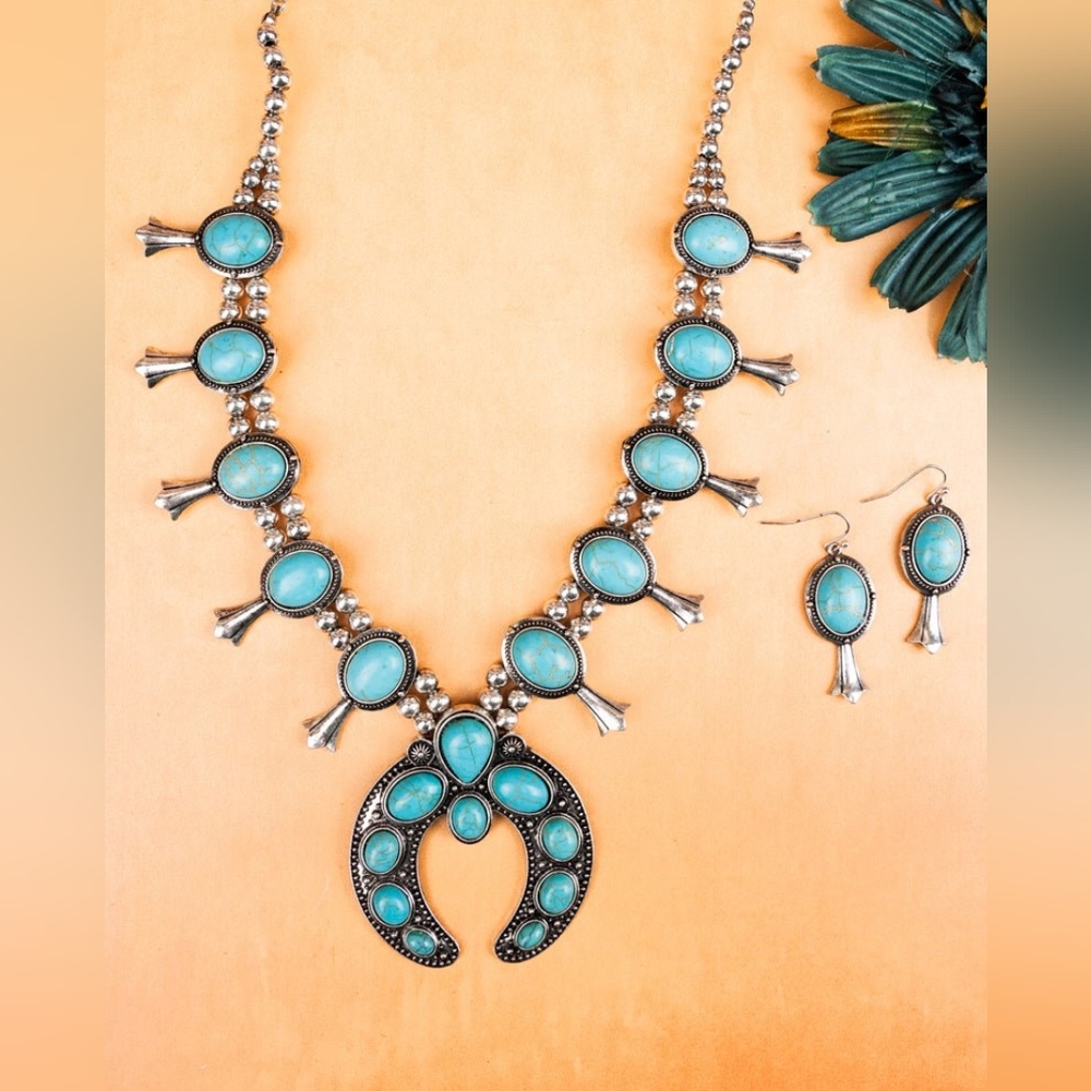 SILVERTONE AND TURQUOISE STONE SQUASH BLOSSOM NECKLACE AND EARRING SET